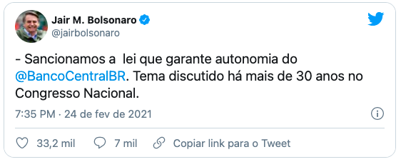 Bolsonaro sanciona autonomia do Banco Central